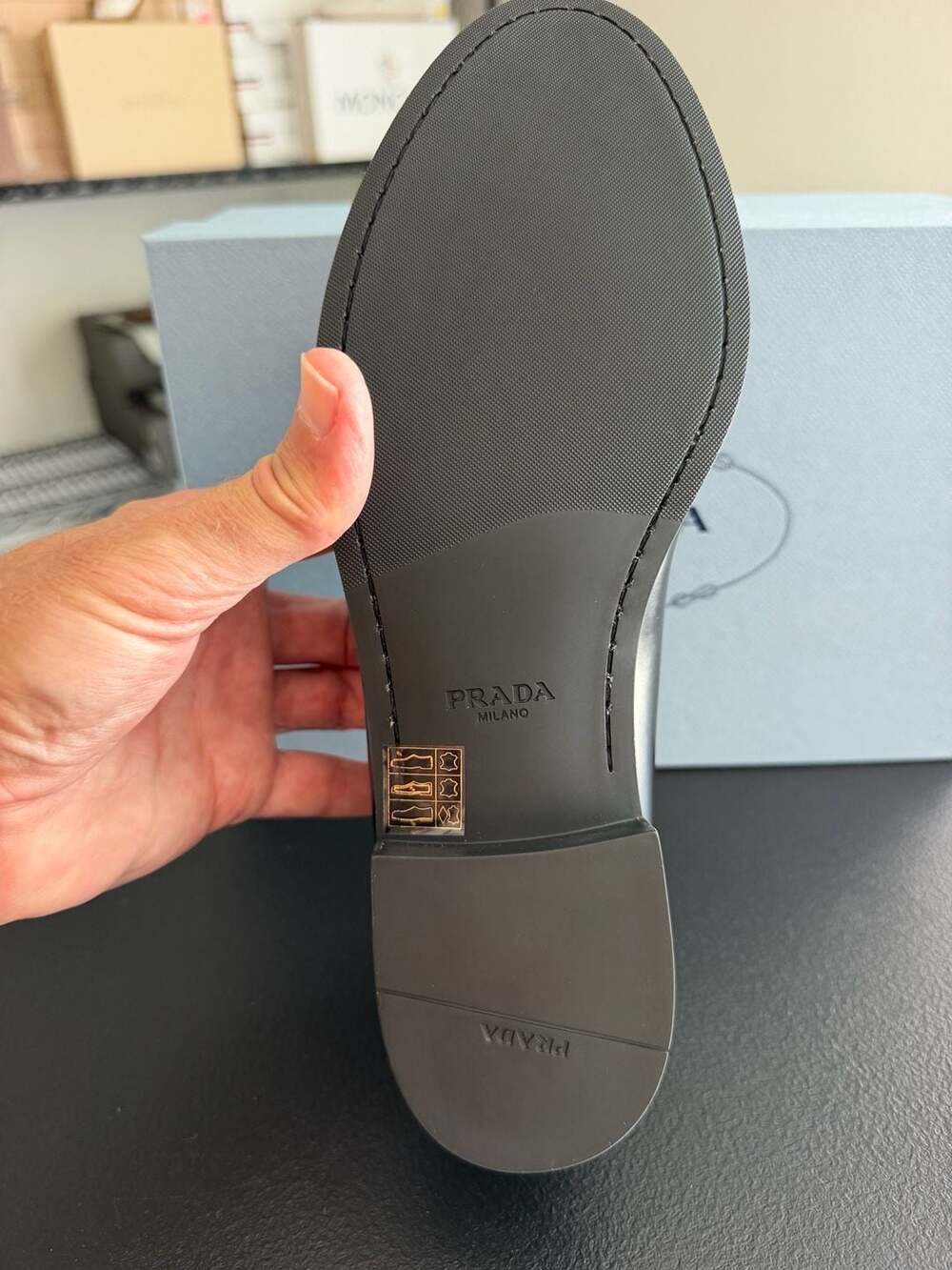 Prada Spazzolato Fumé Black Leather Loafers Size41 Gold Logo Retail $1,200 - Picture 5 of 7